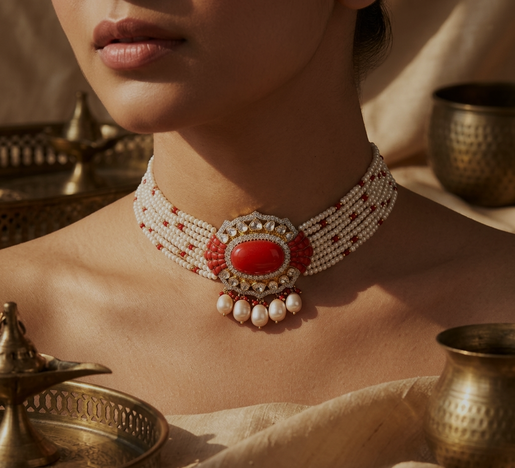 Royal Pearl Choker Necklace with Red Stone Pendant – Luxury Polki Bridal Jewellery | Kala Johare Rajasthan