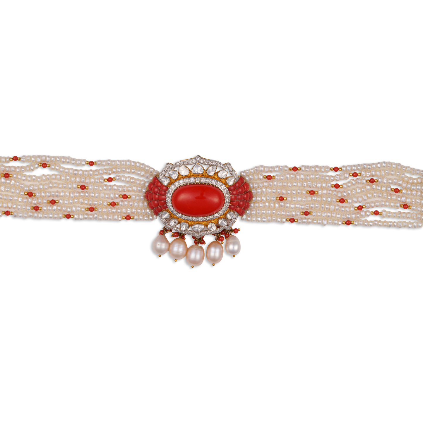 Royal Pearl Choker Necklace with Red Stone Pendant – Luxury Polki Bridal Jewellery | Kala Johare Rajasthan