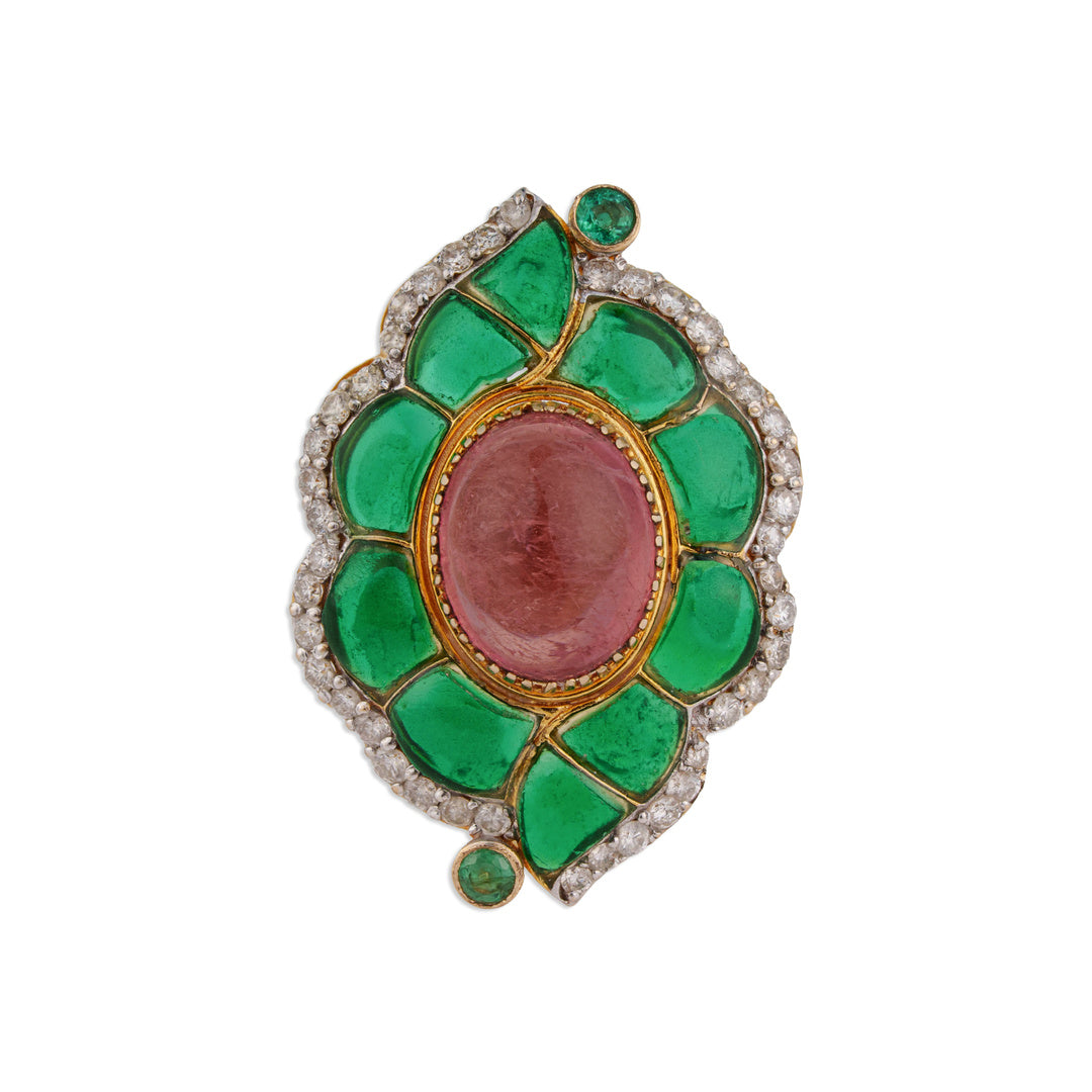 Panna Tourmaline Emerald Mughal Leaf Ring | Natural Emerald & Tourmaline Ring | Kala Johare