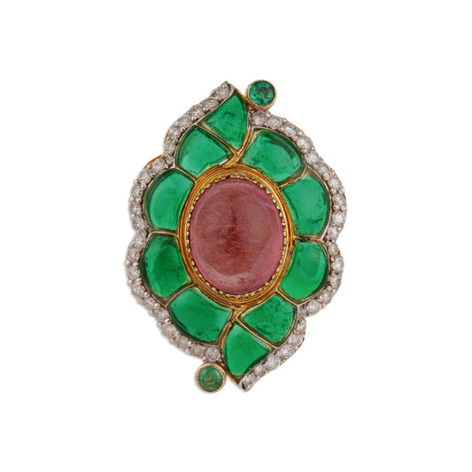 Panna Tourmaline Emerald Mughal Leaf Ring | Natural Emerald & Tourmaline Ring | Kala Johare