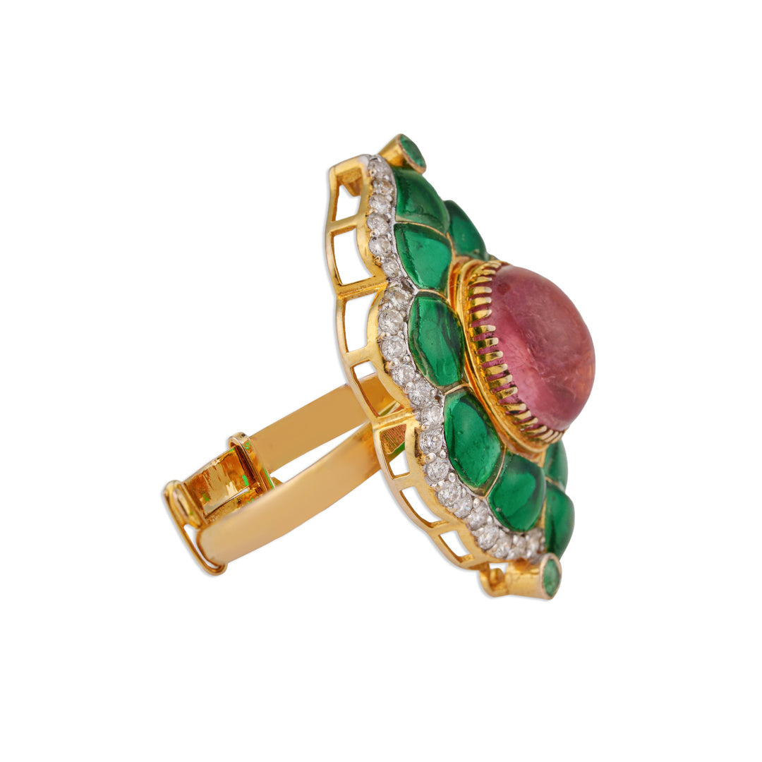 Panna Tourmaline Emerald Mughal Leaf Ring | Natural Emerald & Tourmaline Ring | Kala Johare
