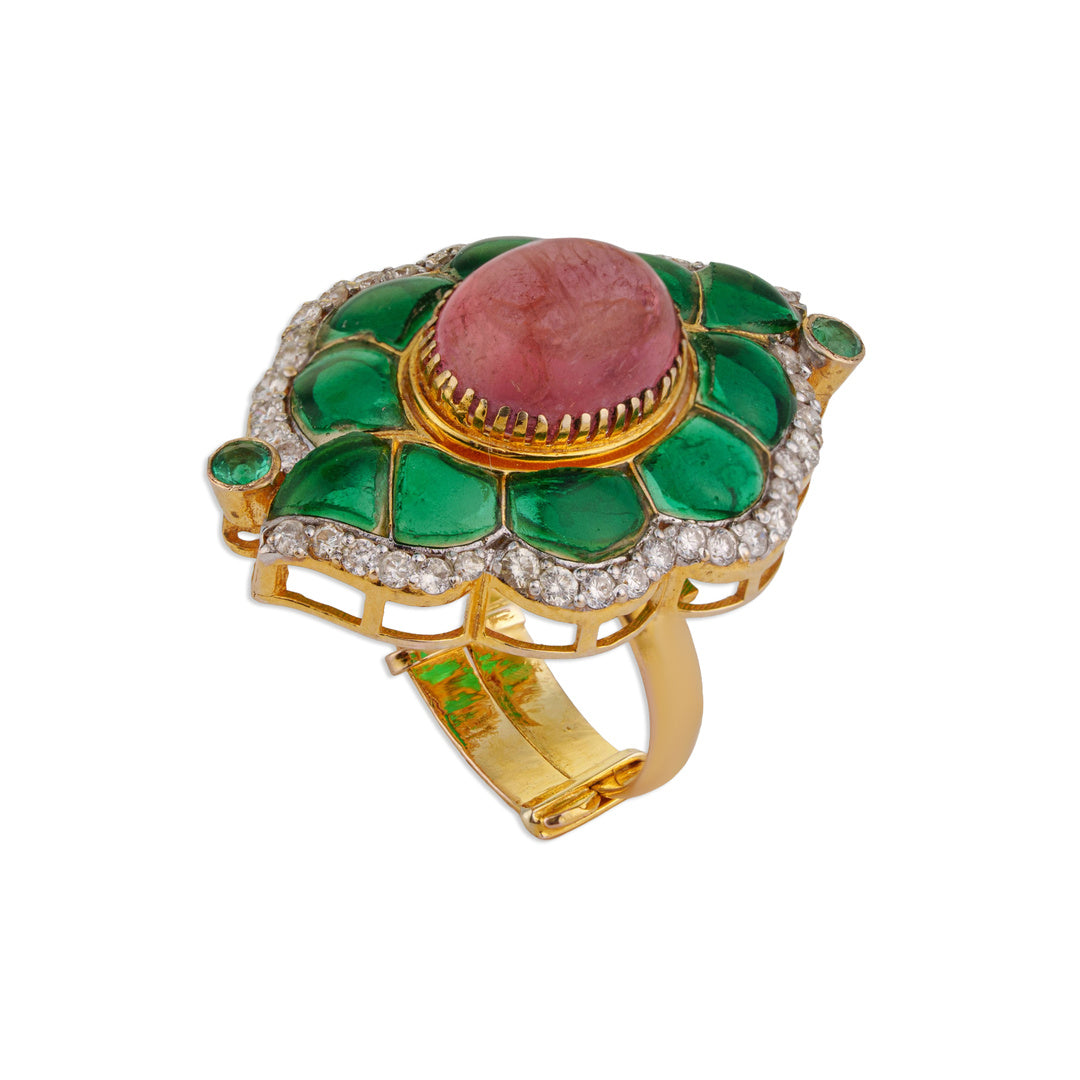 Panna Tourmaline Emerald Mughal Leaf Ring | Natural Emerald & Tourmaline Ring | Kala Johare
