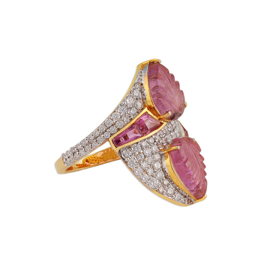 Patti Dual Carved Tourmaline Leaf Bypass Ring | Hand-Carved Tourmaline & Diamond Ring | Kala Johare