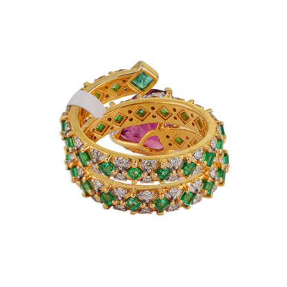 Priya Heart-Cut Pink Tourmaline Triple-Coil Emerald Diamond Spiral Ring | Natural Tourmaline & Emerald Diamond Ring in Yellow Gold | Kala Johare