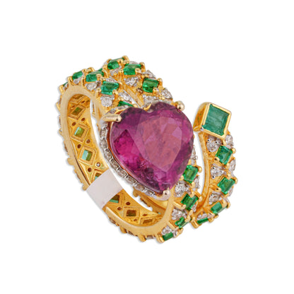 Priya Heart-Cut Pink Tourmaline Triple-Coil Emerald Diamond Spiral Ring | Natural Tourmaline & Emerald Diamond Ring in Yellow Gold | Kala Johare