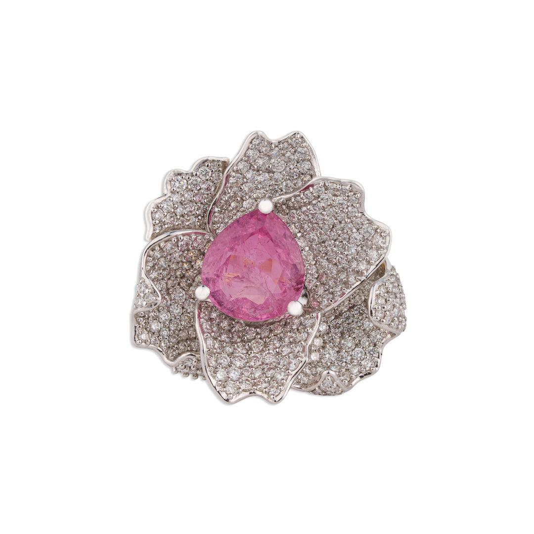 Kamal Pink Tourmaline Full Pave Diamond Lotus Ring | Natural Tourmaline & Diamond Ring | Kala Johare
