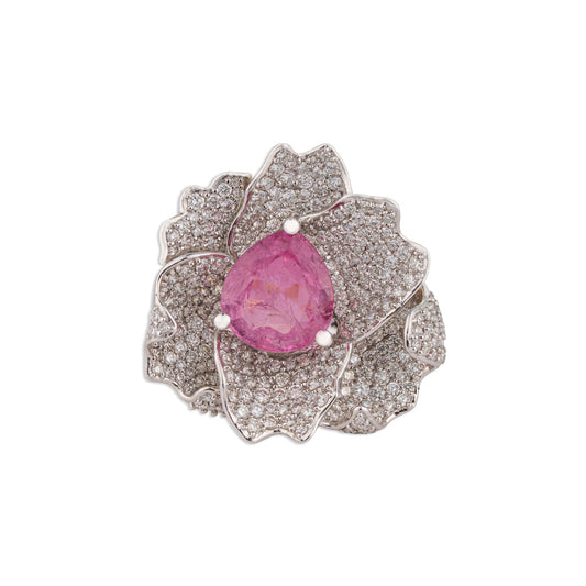 Kamal Pink Tourmaline Full Pave Diamond Lotus Ring | Natural Tourmaline & Diamond Ring | Kala Johare