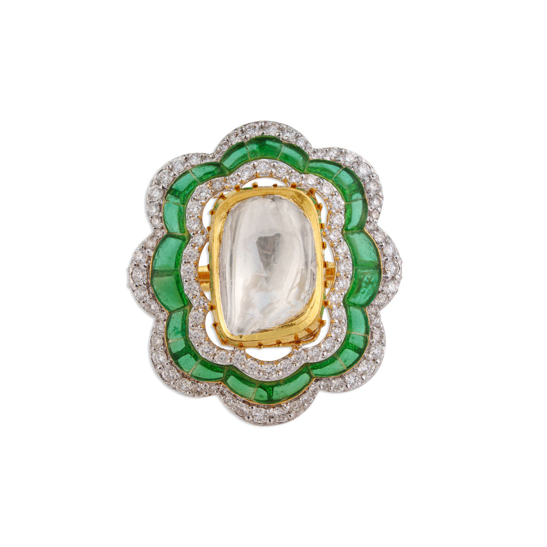 Baagh Grand Polki Emerald Scallop Flower Ring | Natural Polki Emerald & Diamond Ring | Kala Johare