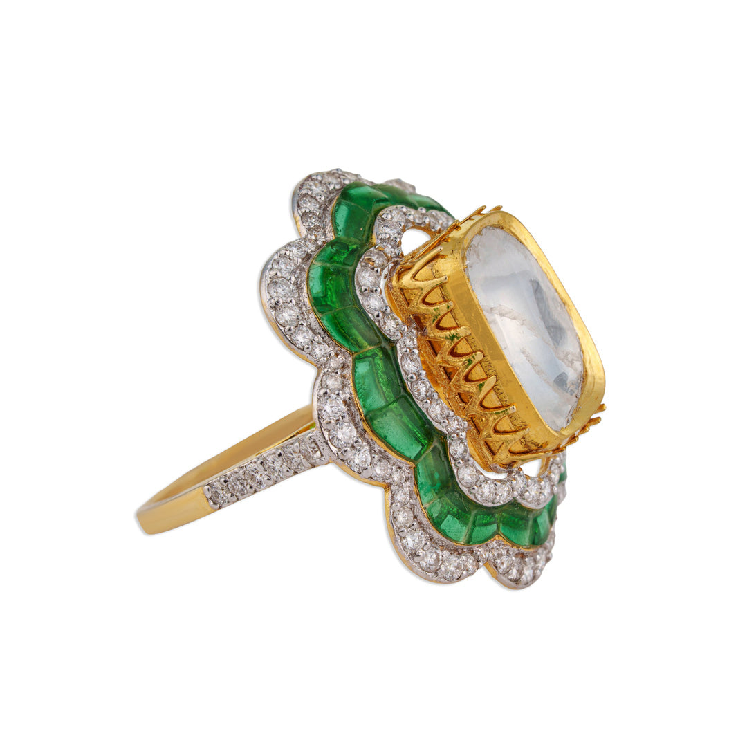 Baagh Grand Polki Emerald Scallop Flower Ring | Natural Polki Emerald & Diamond Ring | Kala Johare