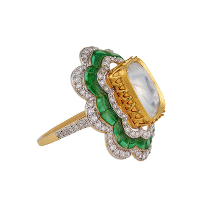 Baagh Grand Polki Emerald Scallop Flower Ring | Natural Polki Emerald & Diamond Ring | Kala Johare