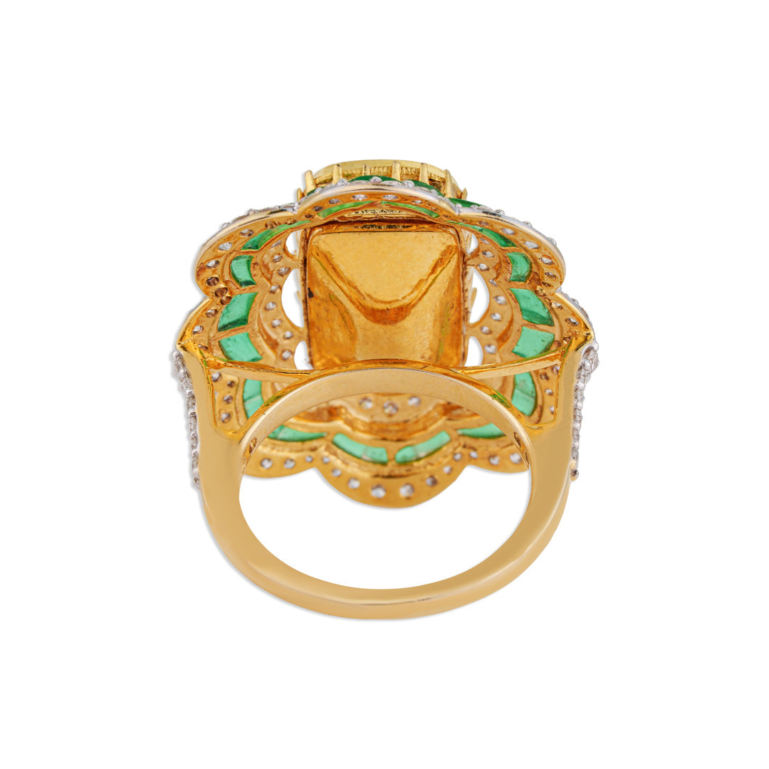 Baagh Grand Polki Emerald Scallop Flower Ring | Natural Polki Emerald & Diamond Ring | Kala Johare