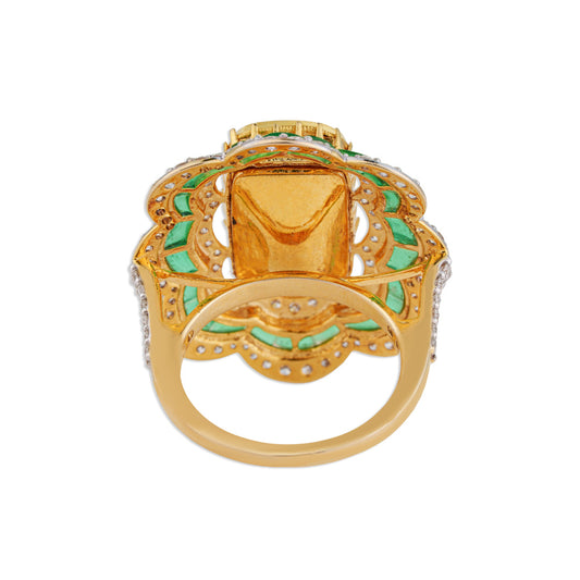 Baagh Grand Polki Emerald Scallop Flower Ring | Natural Polki Emerald & Diamond Ring | Kala Johare