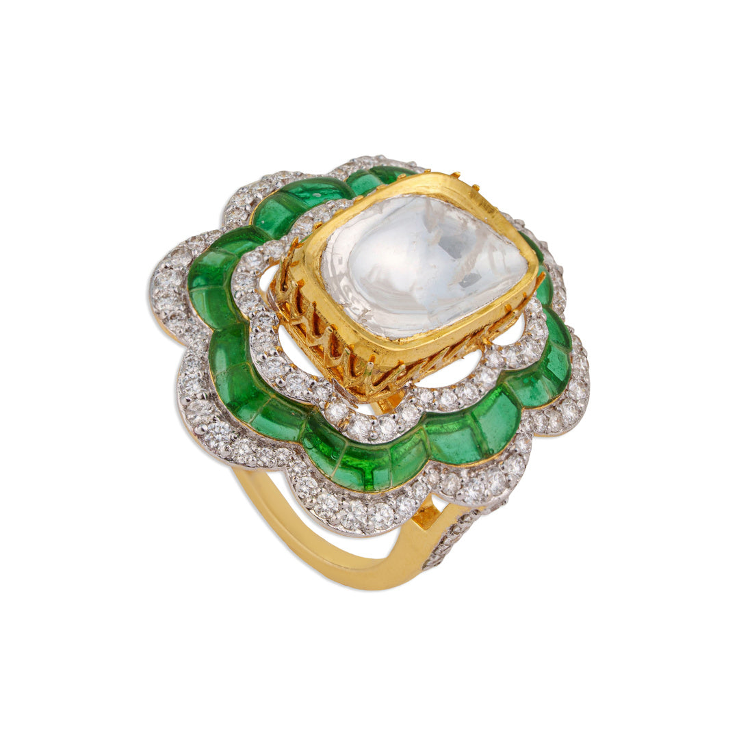Baagh Grand Polki Emerald Scallop Flower Ring | Natural Polki Emerald & Diamond Ring | Kala Johare