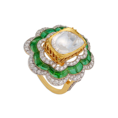 Baagh Grand Polki Emerald Scallop Flower Ring | Natural Polki Emerald & Diamond Ring | Kala Johare