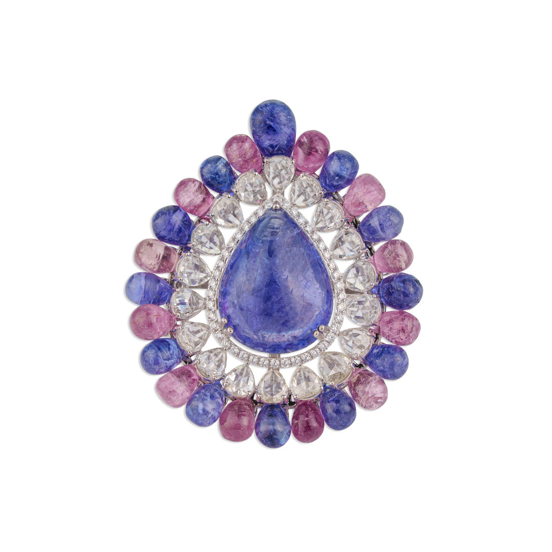 Neela Grand Tanzanite Briolette Bead Halo Ring | Natural Tanzanite, Tourmaline & Diamond | Kala Johare
