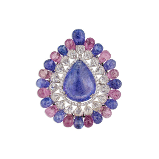 Neela Grand Tanzanite Briolette Bead Halo Ring | Natural Tanzanite, Tourmaline & Diamond | Kala Johare