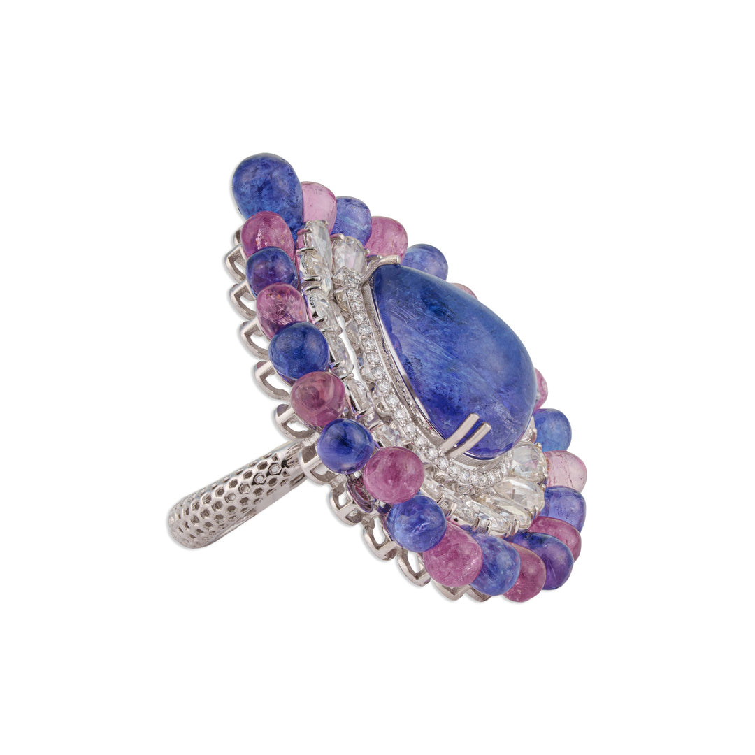 Neela Grand Tanzanite Briolette Bead Halo Ring | Natural Tanzanite, Tourmaline & Diamond | Kala Johare