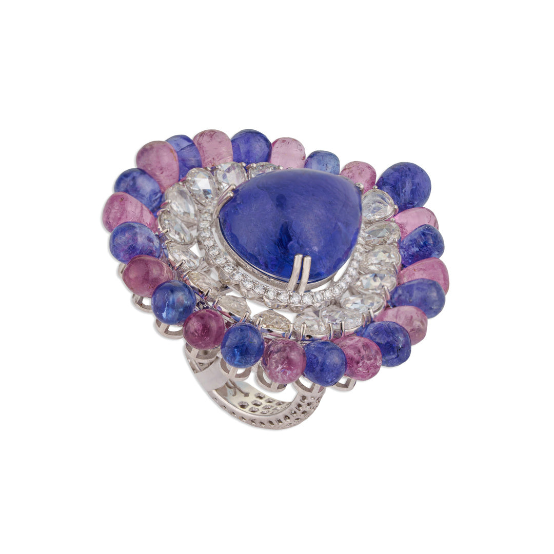 Neela Grand Tanzanite Briolette Bead Halo Ring | Natural Tanzanite, Tourmaline & Diamond | Kala Johare