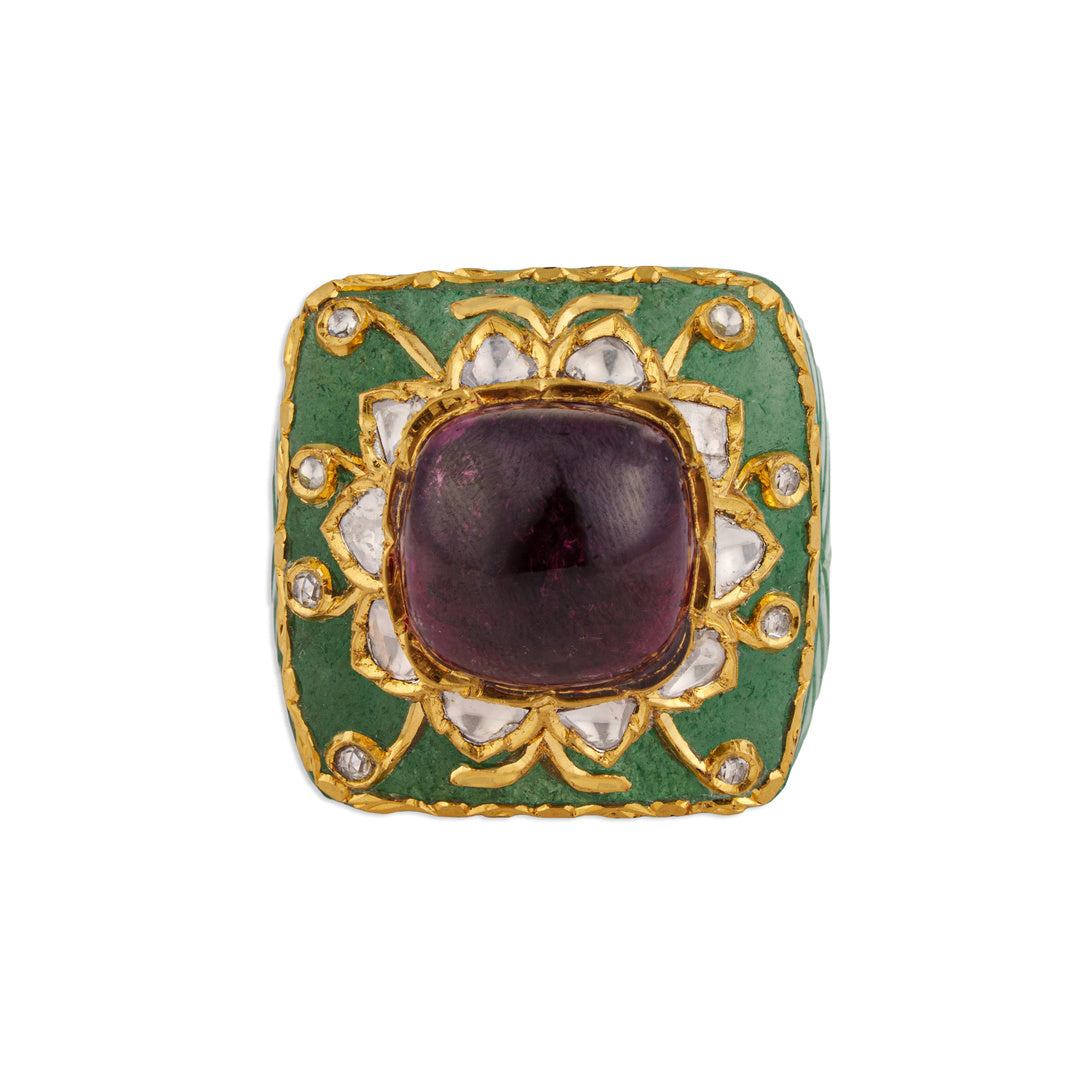 Shahjahan Mughal Carved Emerald Band Ring | Natural Ruby, Polki & Diamond Crown | Kala Johare