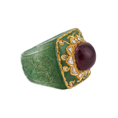 Shahjahan Mughal Carved Emerald Band Ring | Natural Ruby, Polki & Diamond Crown | Kala Johare