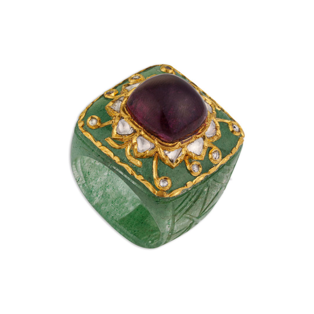 Shahjahan Mughal Carved Emerald Band Ring | Natural Ruby, Polki & Diamond Crown | Kala Johare