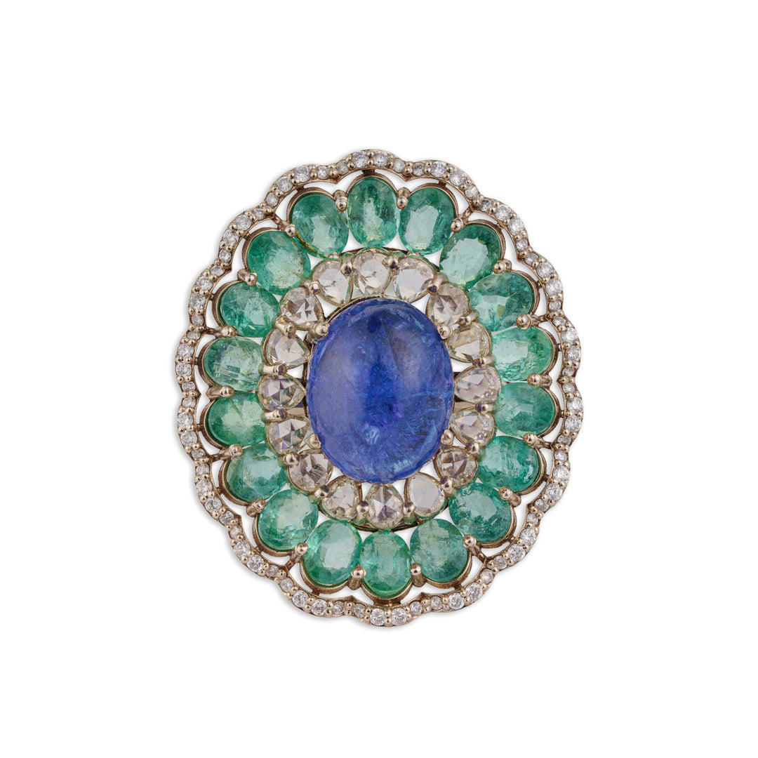 Mor Grand Tanzanite & Emerald Scallop Flower Ring | Natural Tanzanite, Emerald & Diamond | Kala Johare
