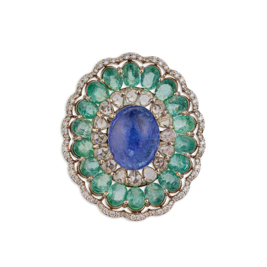 Mor Grand Tanzanite & Emerald Scallop Flower Ring | Natural Tanzanite, Emerald & Diamond | Kala Johare
