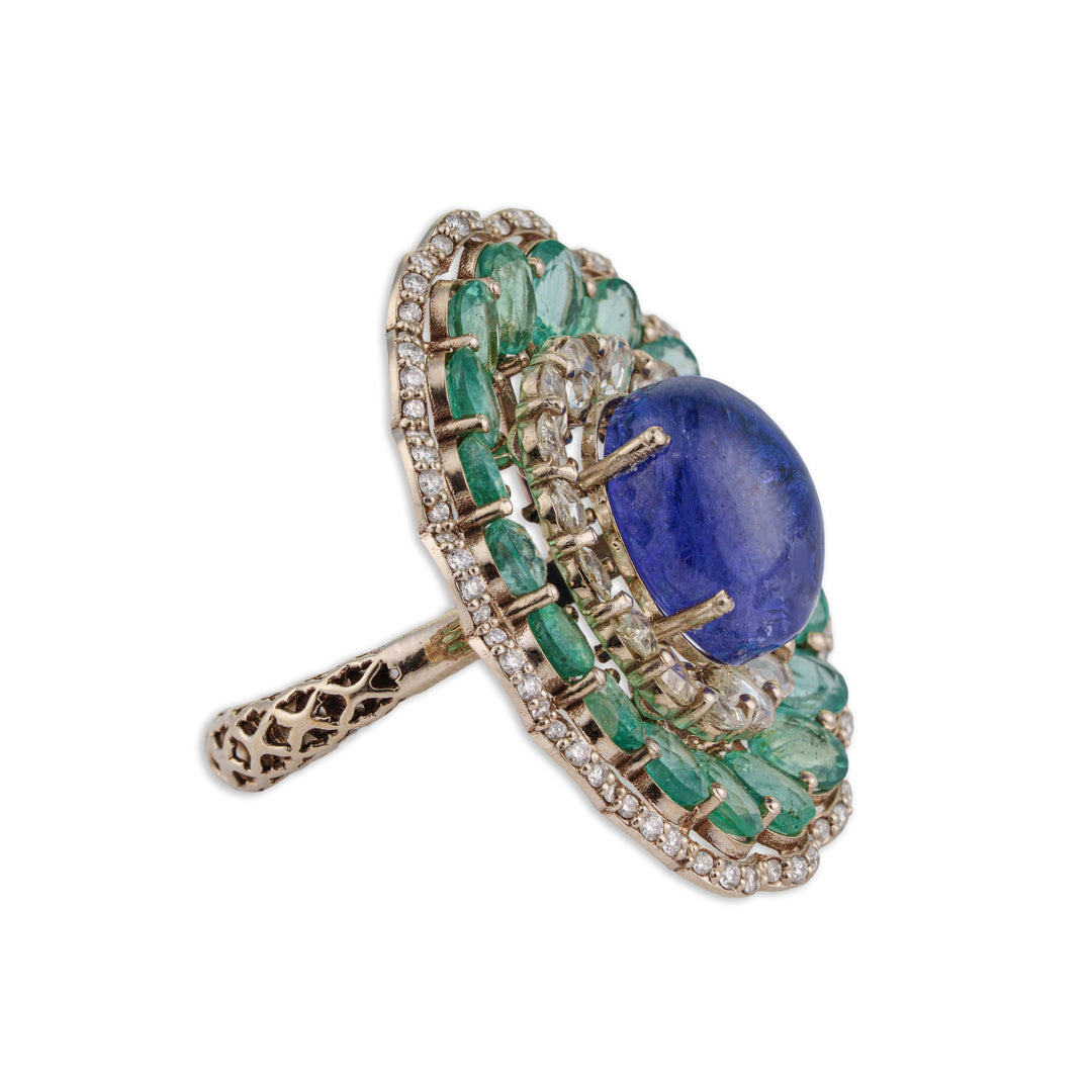 Mor Grand Tanzanite & Emerald Scallop Flower Ring | Natural Tanzanite, Emerald & Diamond | Kala Johare