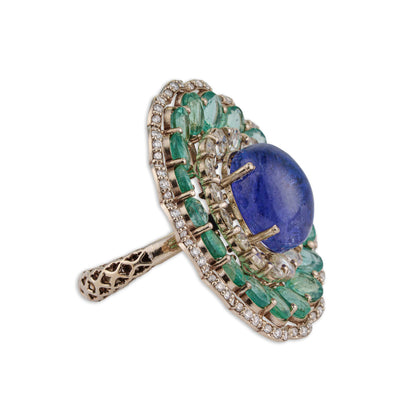 Mor Grand Tanzanite & Emerald Scallop Flower Ring | Natural Tanzanite, Emerald & Diamond | Kala Johare