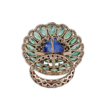 Mor Grand Tanzanite & Emerald Scallop Flower Ring | Natural Tanzanite, Emerald & Diamond | Kala Johare