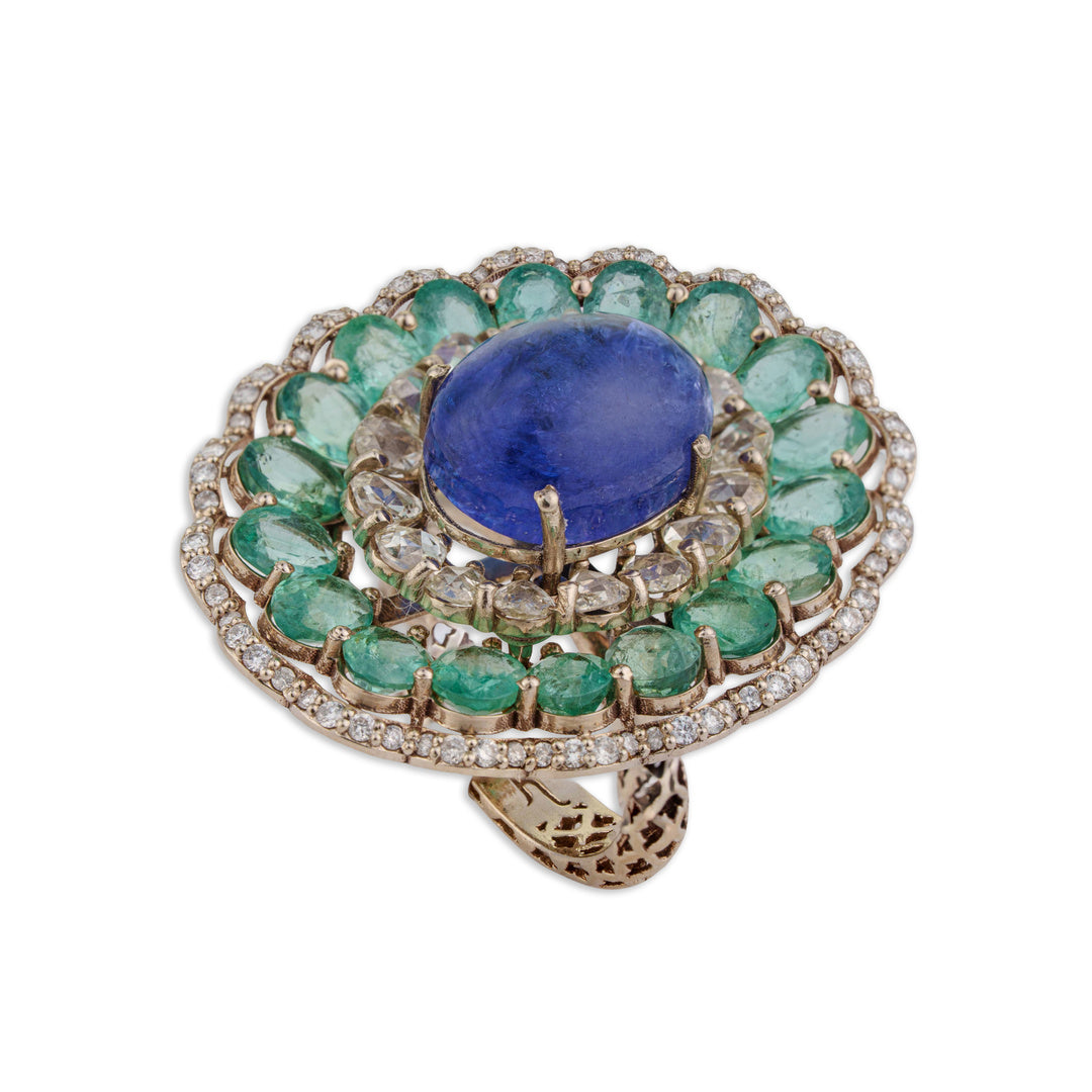 Mor Grand Tanzanite & Emerald Scallop Flower Ring | Natural Tanzanite, Emerald & Diamond | Kala Johare