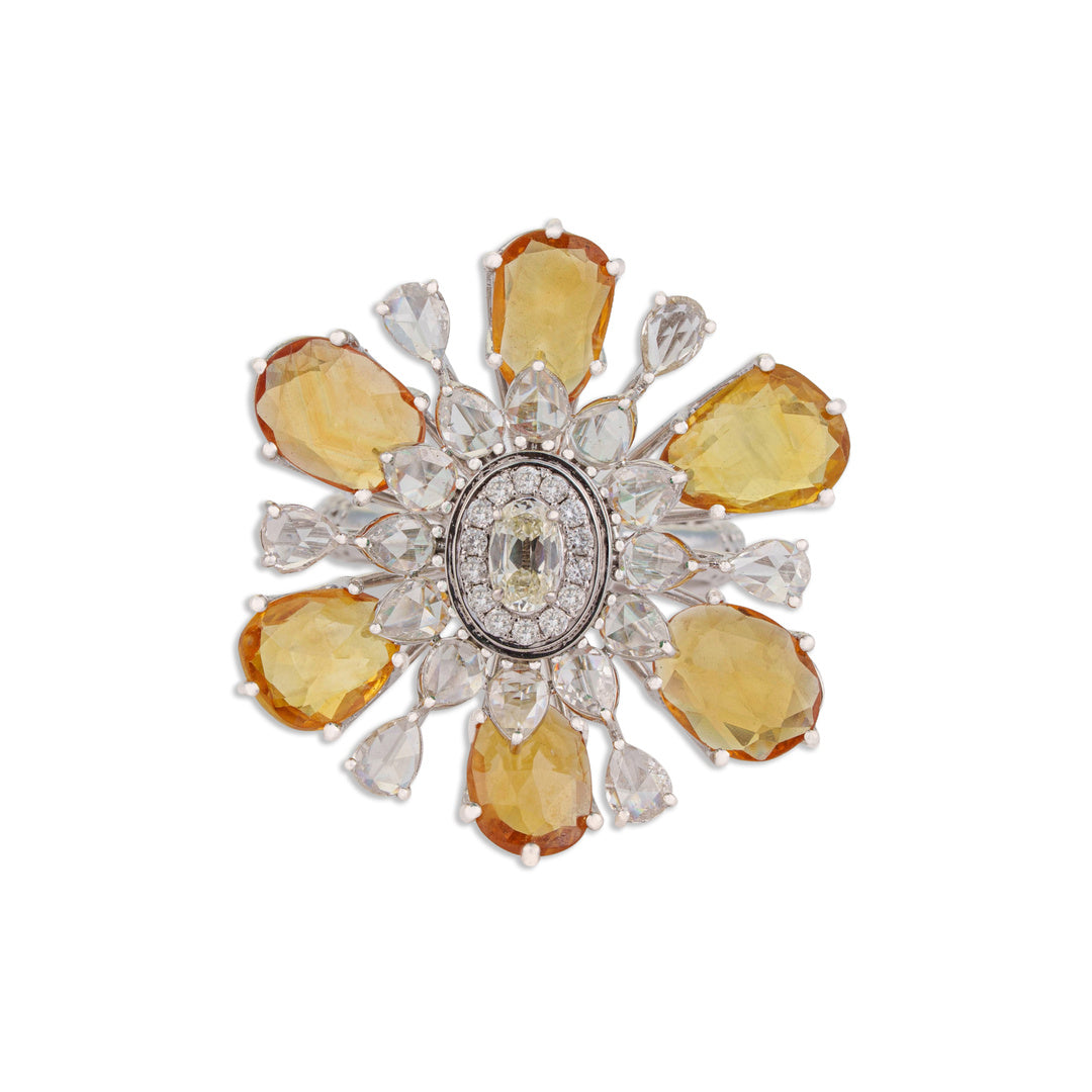 Surya Grand Citrine & Rose-Cut Diamond Sunflower Ring | Natural Citrine, Emerald & Diamond | Kala Johare