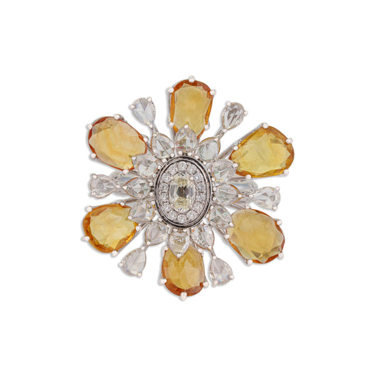 Surya Grand Citrine & Rose-Cut Diamond Sunflower Ring | Natural Citrine, Emerald & Diamond | Kala Johare