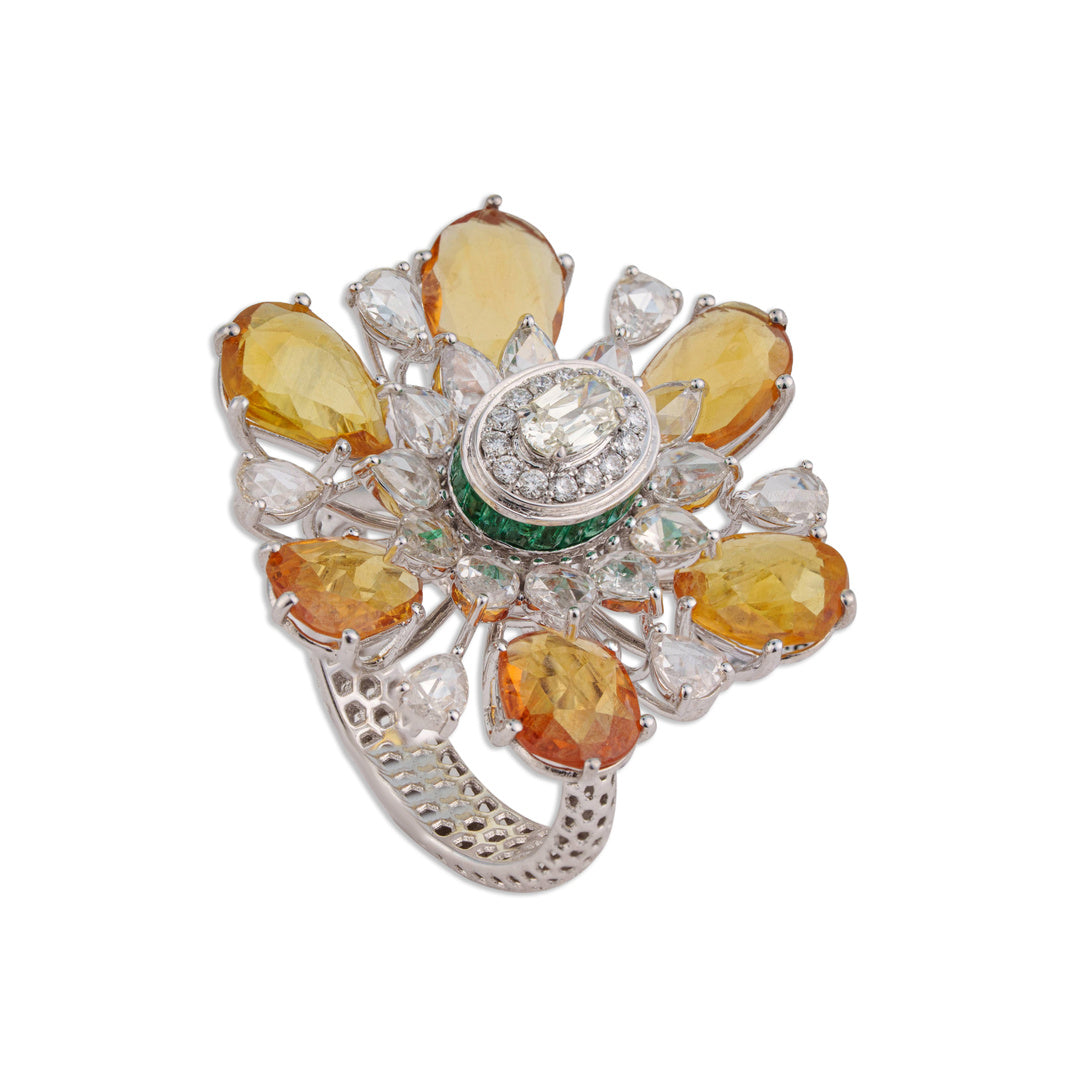 Surya Grand Citrine & Rose-Cut Diamond Sunflower Ring | Natural Citrine, Emerald & Diamond | Kala Johare