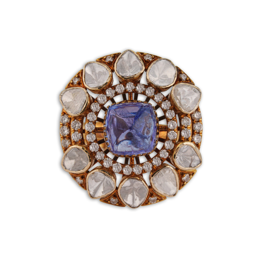 Neelkanth Grand Blue Tanzanite Polki Diamond Cocktail Ring | Natural Polki & Diamond Ring in Rose Gold | Kala Johare