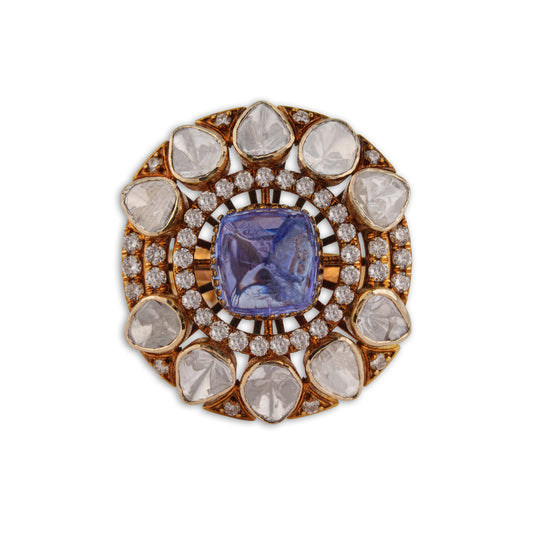 Neelkanth Grand Blue Tanzanite Polki Diamond Cocktail Ring | Natural Polki & Diamond Ring in Rose Gold | Kala Johare