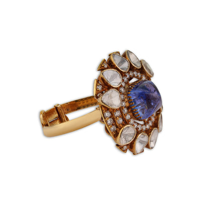 Neelkanth Grand Blue Tanzanite Polki Diamond Cocktail Ring | Natural Polki & Diamond Ring in Rose Gold | Kala Johare