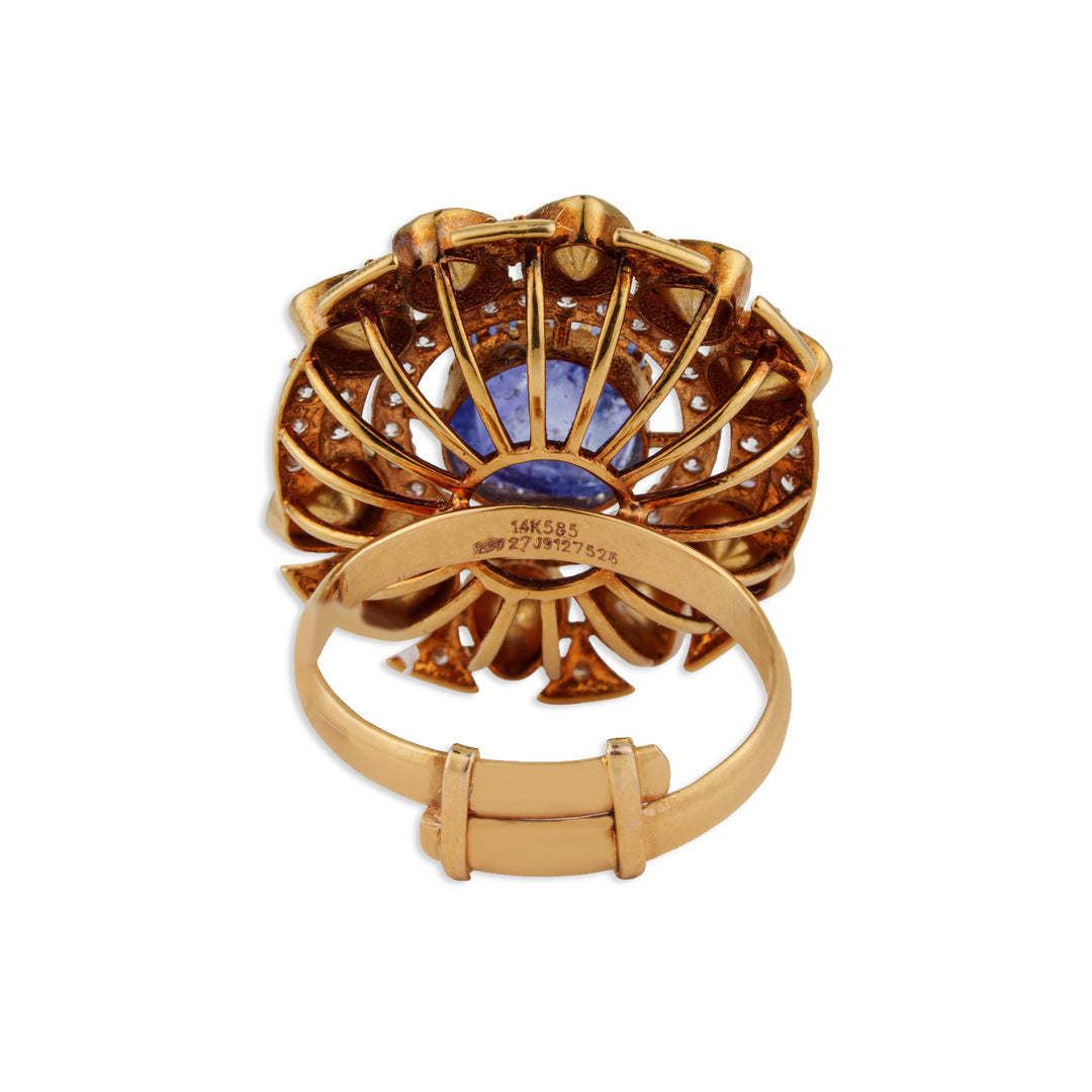 Neelkanth Grand Blue Tanzanite Polki Diamond Cocktail Ring | Natural Polki & Diamond Ring in Rose Gold | Kala Johare