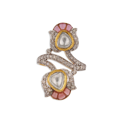 Gulbahar Double Polki Pink Tourmaline Diamond Bypass Ring | Natural Polki & Diamond Ring in Yellow Gold | Kala Johare