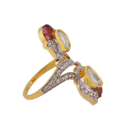 Gulbahar Double Polki Pink Tourmaline Diamond Bypass Ring | Natural Polki & Diamond Ring in Yellow Gold | Kala Johare