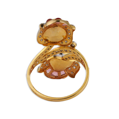 Gulbahar Double Polki Pink Tourmaline Diamond Bypass Ring | Natural Polki & Diamond Ring in Yellow Gold | Kala Johare