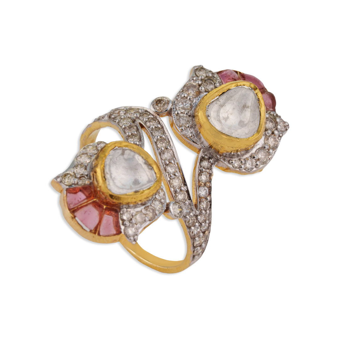 Gulbahar Double Polki Pink Tourmaline Diamond Bypass Ring | Natural Polki & Diamond Ring in Yellow Gold | Kala Johare