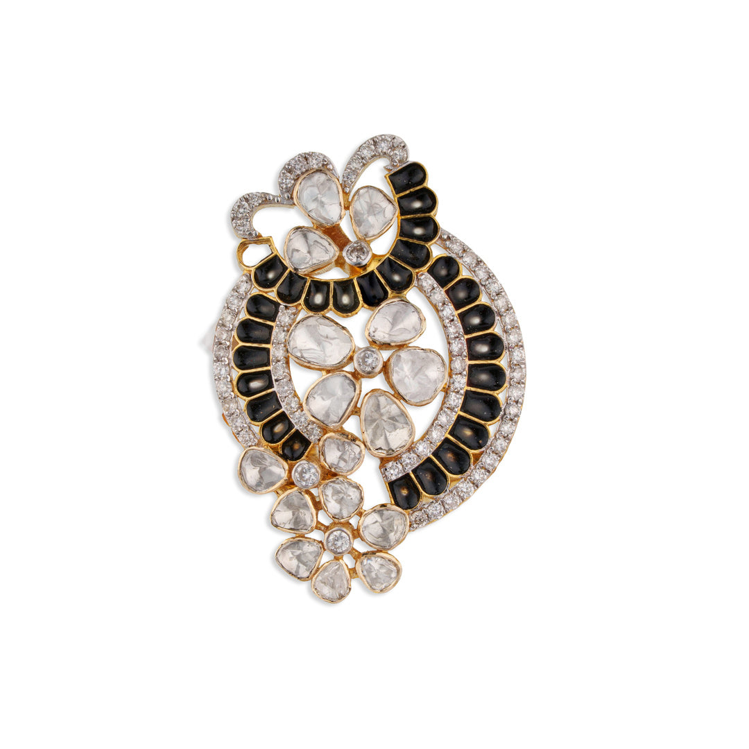 Shyama Multi-Polki Black Enamel Diamond Paisley Cocktail Ring | Natural Polki & Meenakari Ring in Yellow Gold | Kala Johare