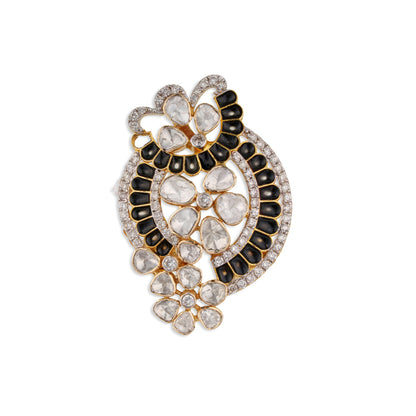 Shyama Multi-Polki Black Enamel Diamond Paisley Cocktail Ring | Natural Polki & Meenakari Ring in Yellow Gold | Kala Johare
