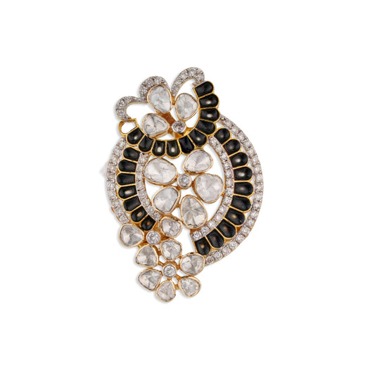 Shyama Multi-Polki Black Enamel Diamond Paisley Cocktail Ring | Natural Polki & Meenakari Ring in Yellow Gold | Kala Johare