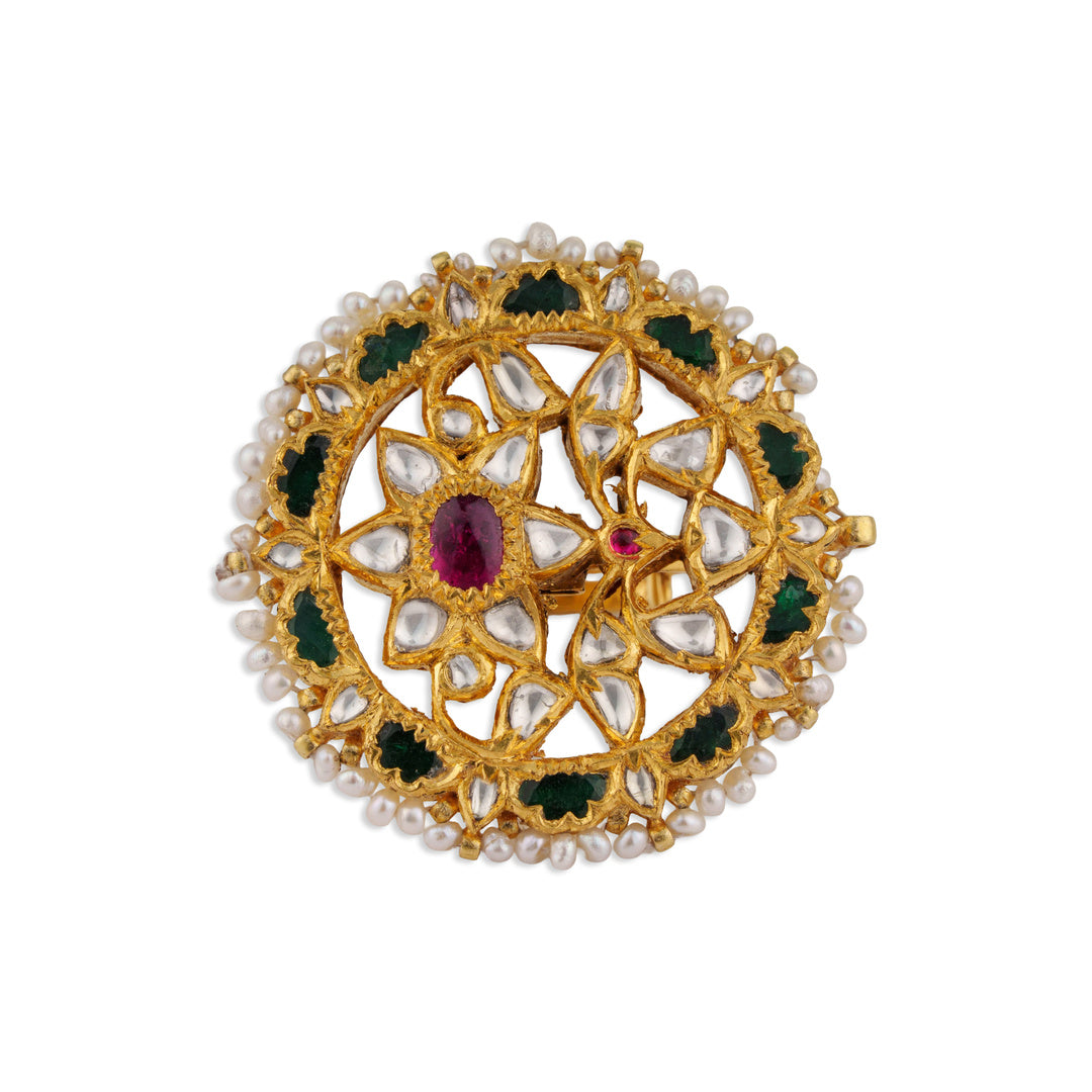 Padmavati Grand Polki Ruby Green Enamel Pearl Chakra Cocktail Ring | Natural Polki & Ruby Meenakari Ring in Yellow Gold | Kala Johare