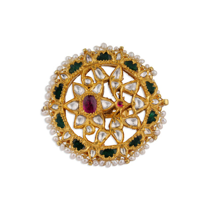 Padmavati Grand Polki Ruby Green Enamel Pearl Chakra Cocktail Ring | Natural Polki & Ruby Meenakari Ring in Yellow Gold | Kala Johare