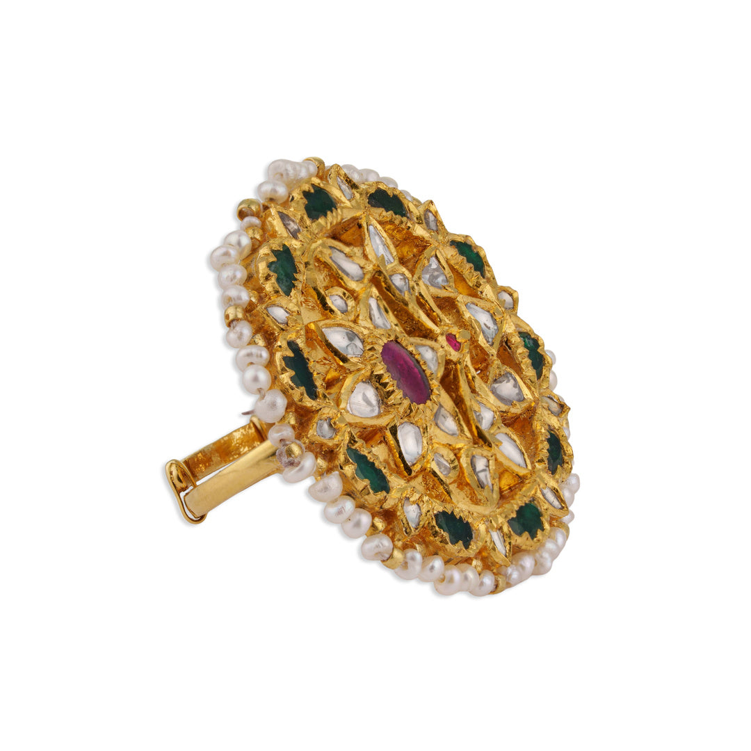 Padmavati Grand Polki Ruby Green Enamel Pearl Chakra Cocktail Ring | Natural Polki & Ruby Meenakari Ring in Yellow Gold | Kala Johare