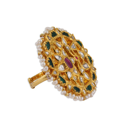 Padmavati Grand Polki Ruby Green Enamel Pearl Chakra Cocktail Ring | Natural Polki & Ruby Meenakari Ring in Yellow Gold | Kala Johare