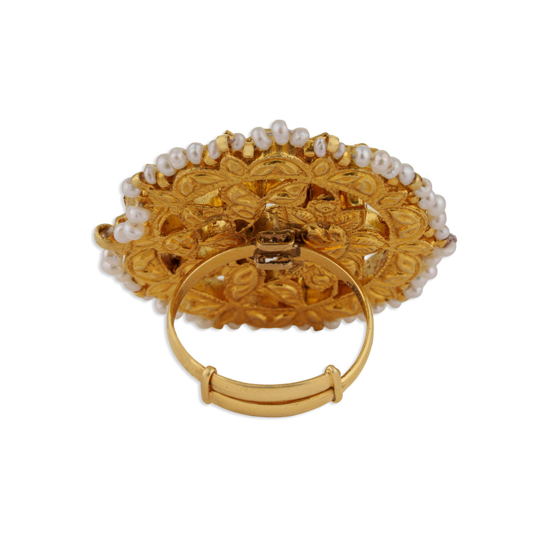 Padmavati Grand Polki Ruby Green Enamel Pearl Chakra Cocktail Ring | Natural Polki & Ruby Meenakari Ring in Yellow Gold | Kala Johare